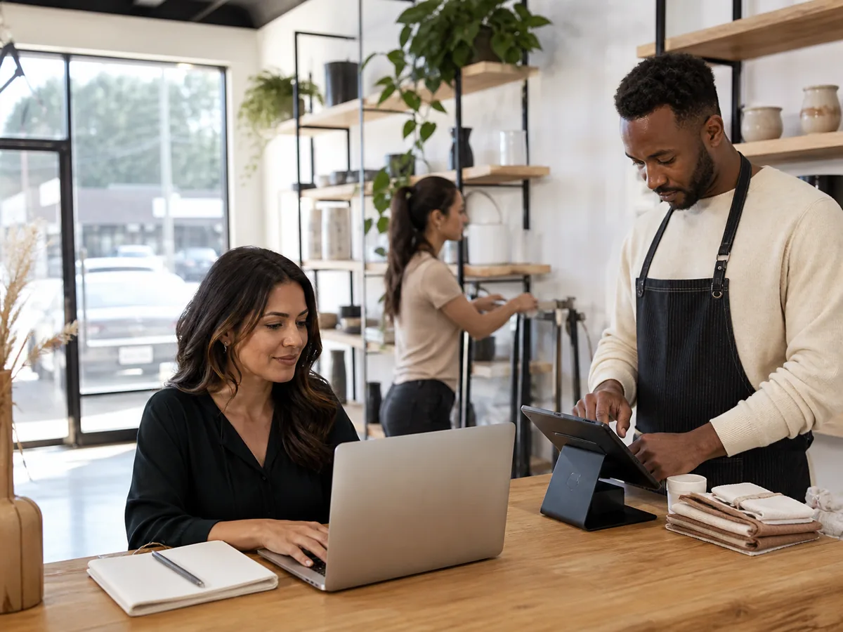 Dearborn Heights small-business team using a laptop and point-of-sale tablet inside a local storefront