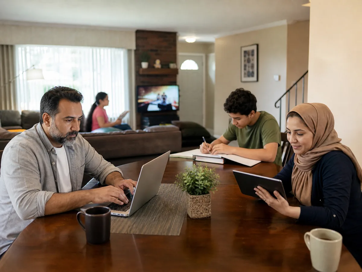 Dearborn Heights family using a laptop, tablet, schoolwork and television on a shared home internet connection
