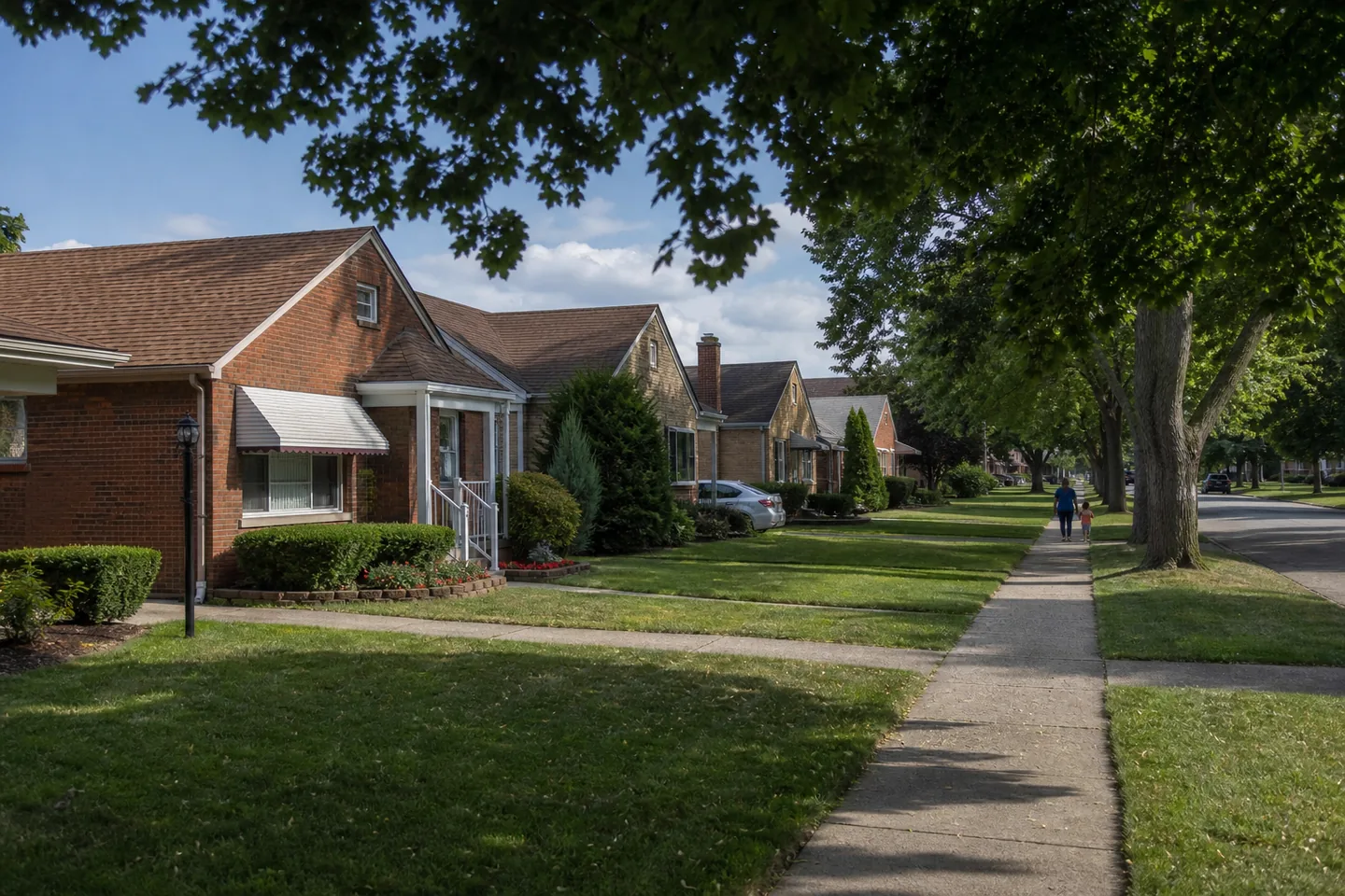 Brick homes, mature trees and sidewalks on a residential street in Dearborn Heights, Michigan