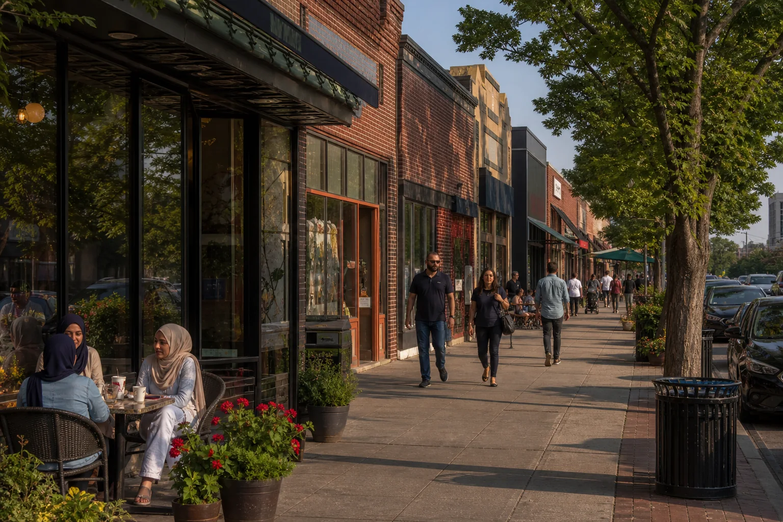 Active Dearborn neighborhood business corridor with brick shops, sidewalk dining and local customers