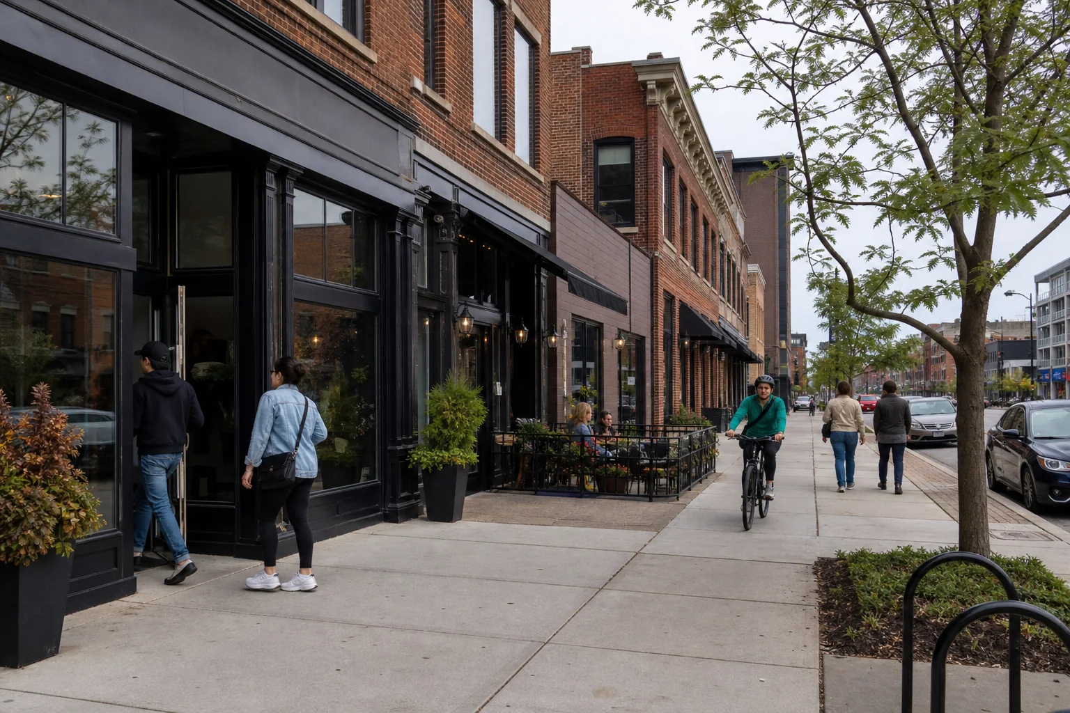 Walkable Detroit neighborhood commercial street with brick storefronts, residents and a cyclist
