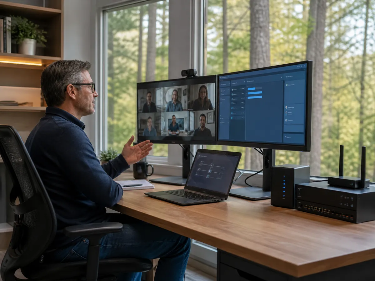 Lake Angelus home office with wired network equipment supporting a video conference