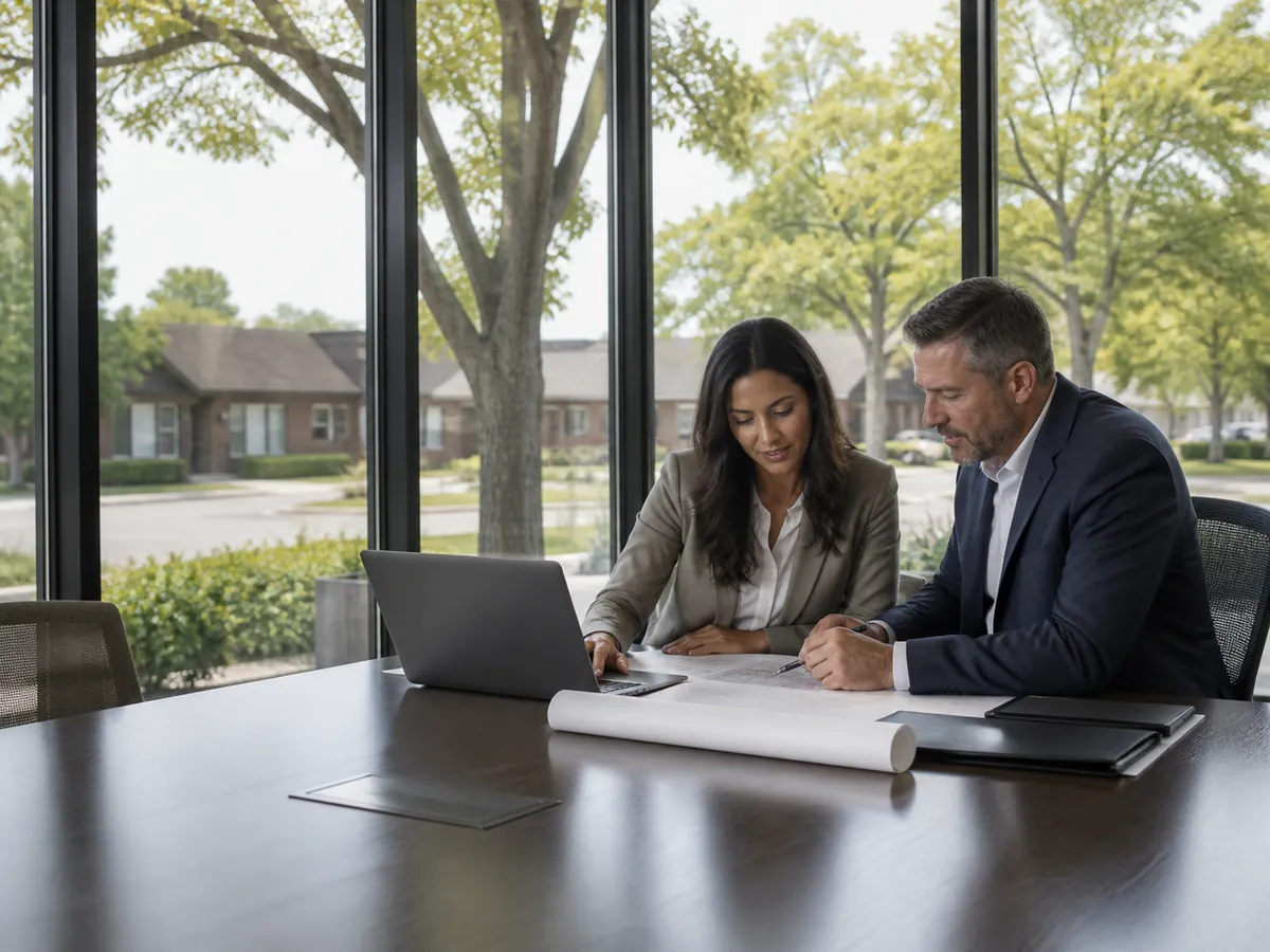 Orchard Lake Village business professionals reviewing plans beside a connected laptop in a local office