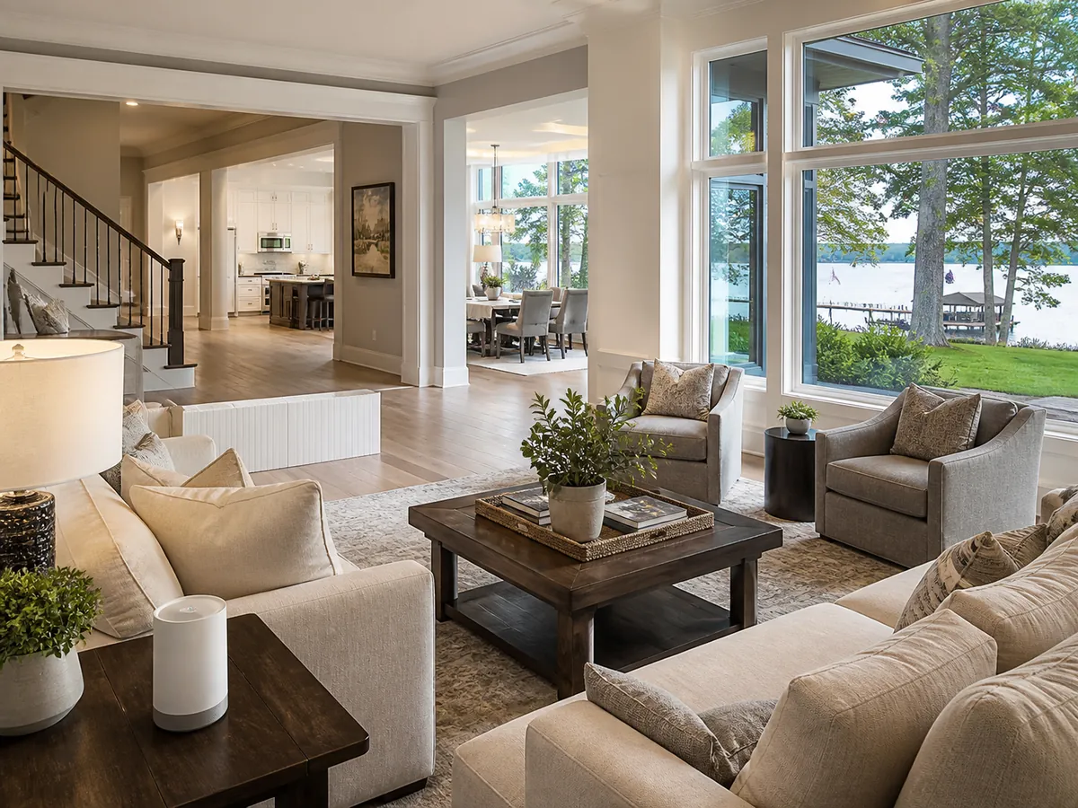 Mesh Wi-Fi node inside a spacious Orchard Lake Village-style home overlooking the lake