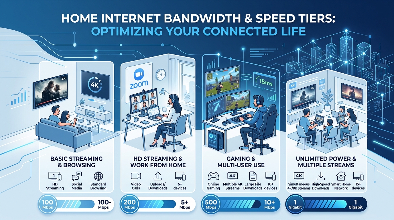 Infographic showing home internet speed requirements for streaming, remote work, online gaming, and power users